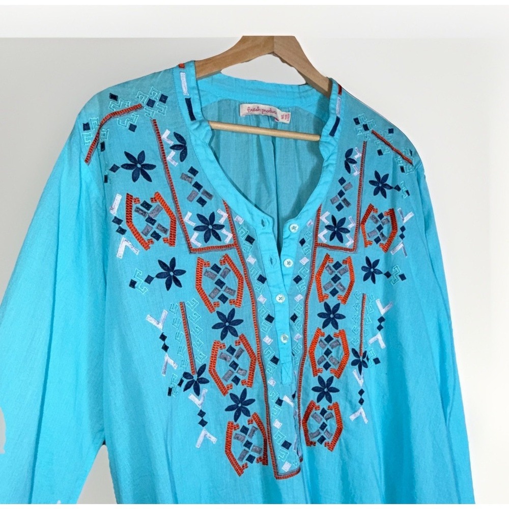 Fresh Produce Women's Embroidered Tunic Top Aqua Aztec Fiesta Blue Size M/L - Picture 2 of 7